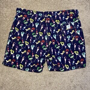 Peter Millar Mens XL Swim Trunks Navy Blue Cocktail Drink Print Mesh‎ Lined 7in